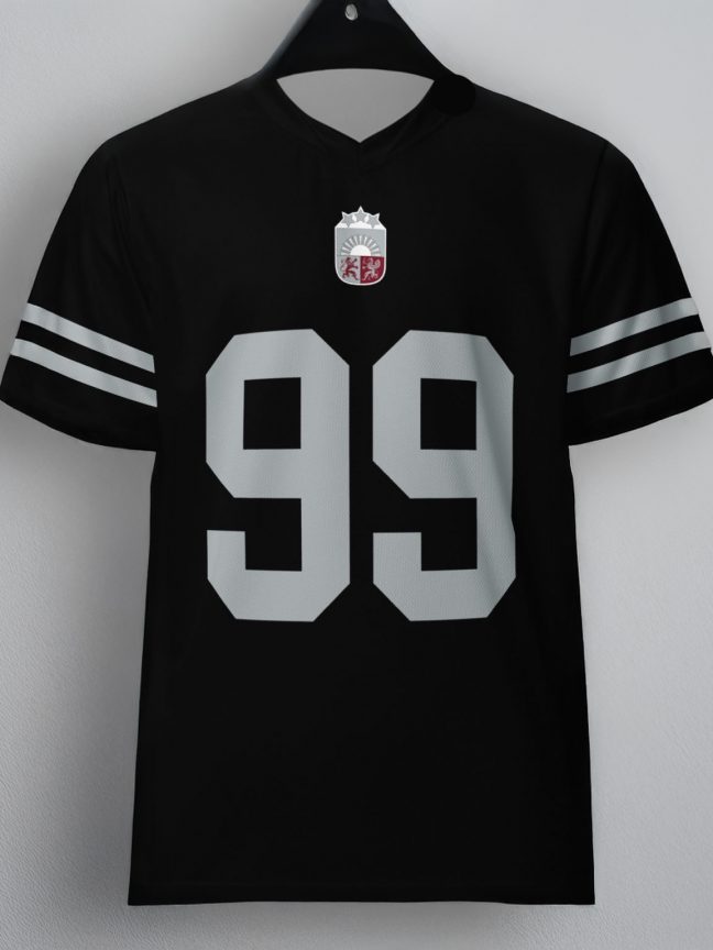 MELNS ar PELĒKU LATVIJAS HOKEJA FANU T-KREKLS AR UZRAKSTU – LATVIJA – 99